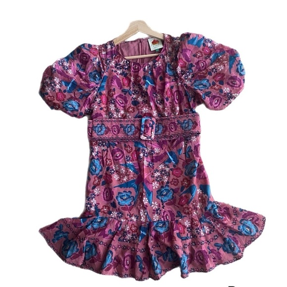 Farm Rio Floral Belted Birds Puff-Sleeve Mini Dress In Blush Sz xxs $210 - Picture 4 of 6